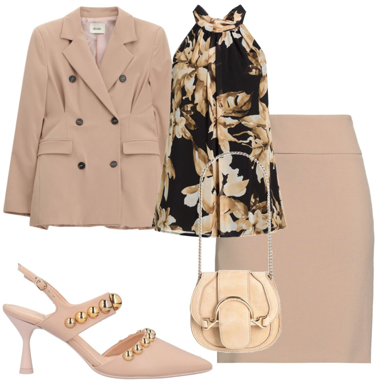 Outfit donna - Eleganza estiva. Stile Chic per Serata fuori. Abbinamento con décolleté, marsupi, minigonne, top, blazer.