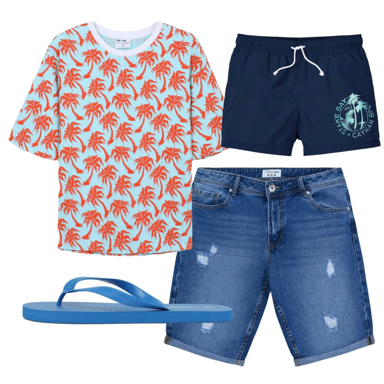 Outfit uomo - Total look #2452334. Stile Casual per Mare. Abbinamento con costumi, bermuda, t-shirt, sandali.