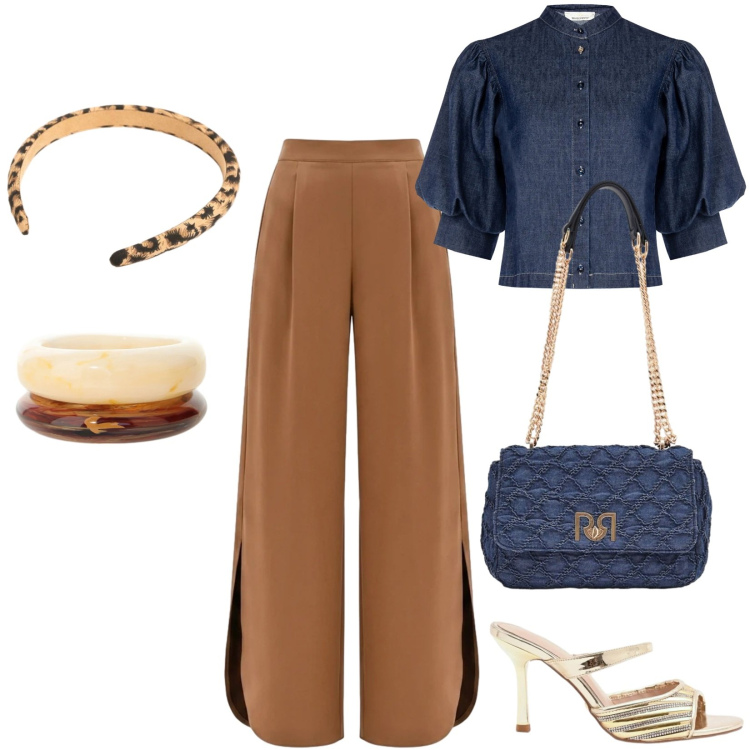 Outfit donna - Weekend. Stile Casual chic per Tutti i giorni. Abbinamento con braccialetti, cerchietti, camicie a manica corta, sabot, borse a spalla, pantaloni a palazzo.