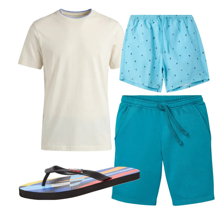 Outfit uomo - Total look #2452336. Stile Casual per Mare. Abbinamento con bermuda, t-shirt, sandali, costumi.