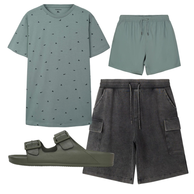 Outfit uomo - Total look #2452338. Stile Casual per Mare. Abbinamento con t-shirt, bermuda, sandali, costumi.