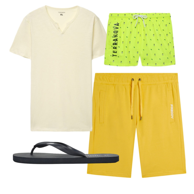 Outfit uomo - Total look #2452339. Stile Casual per Mare. Abbinamento con t-shirt, sandali, costumi, pantaloni corti.