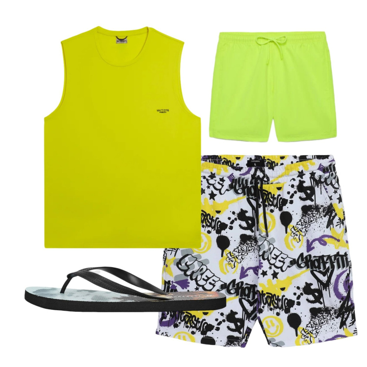 Outfit uomo - Total look #2452341. Stile Trendy per Mare. Abbinamento con sandali, pantaloni corti, costumi, canottiere.