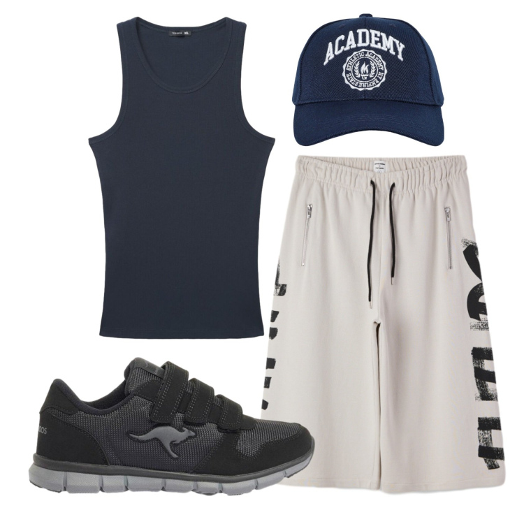 Outfit uomo - Total look #2452342. Stile Urban per Sport. Abbinamento con sneakers, cappelli con visiera, bermuda, canottiere.
