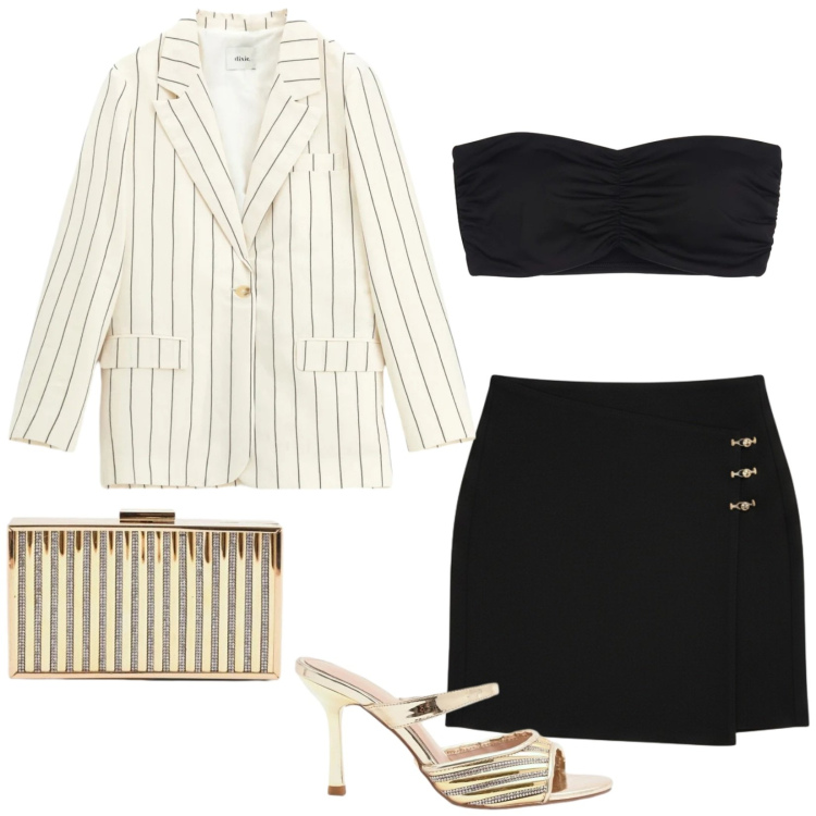 Outfit donna - Con le amiche. Stile Sexy per Serata fuori. Abbinamento con blazer, canottiere, minigonne, clutch, sabot.