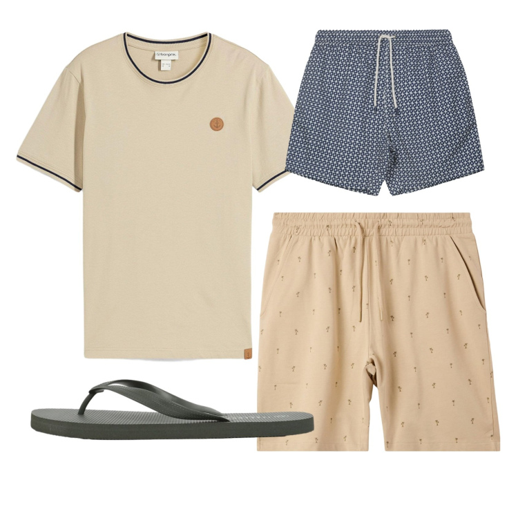 Outfit uomo - Total look #2452346. Stile Casual per Mare. Abbinamento con t-shirt, costumi, sandali, bermuda.