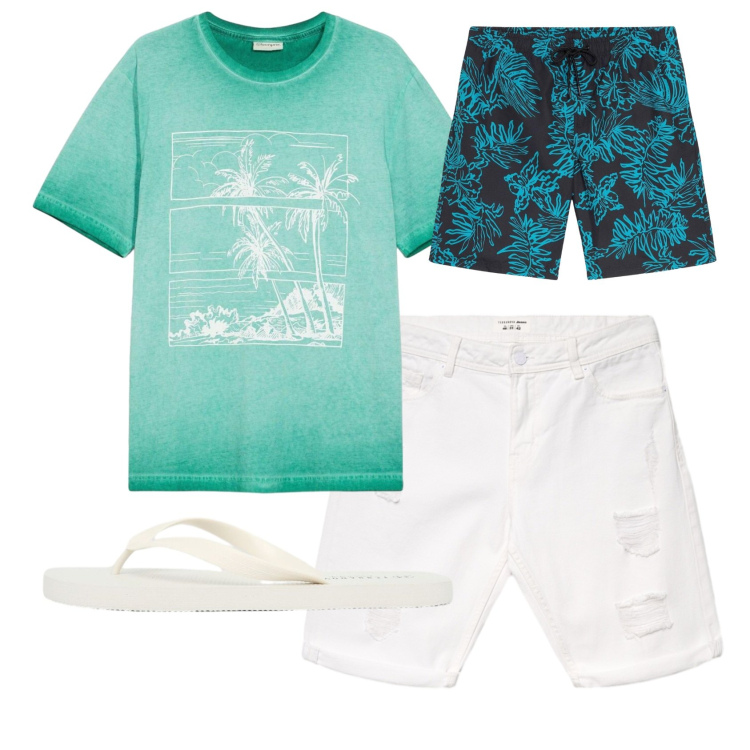 Outfit uomo - Total look #2452348. Stile Casual per Mare. Abbinamento con t-shirt, costumi, bermuda, sandali.