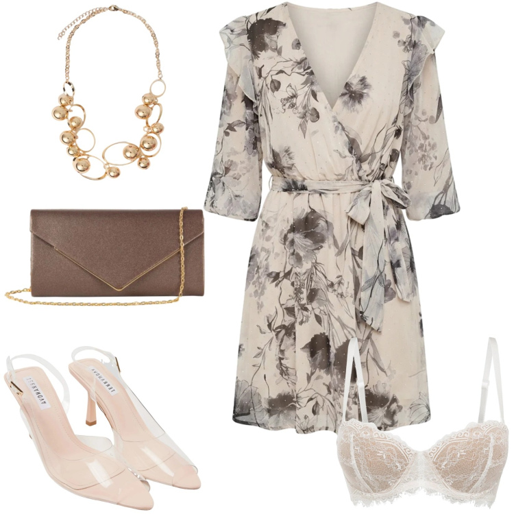 Outfit donna - Ferragosto vacanza al mare. Stile Romantica per Serata fuori. Abbinamento con reggiseni a balconcino, sandali col tacco, clutch, vestiti corti, collane.