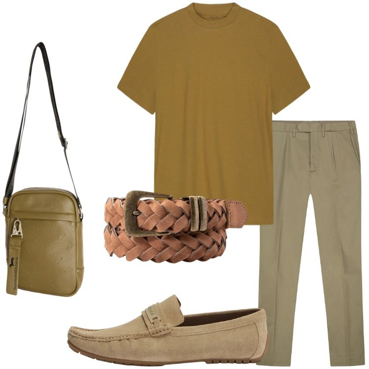 Outfit uomo - Toni della terra. Stile Urban per Tutti i giorni. Abbinamento con borse sportive, scarpe stringate, pantaloni, t-shirt, cinture.
