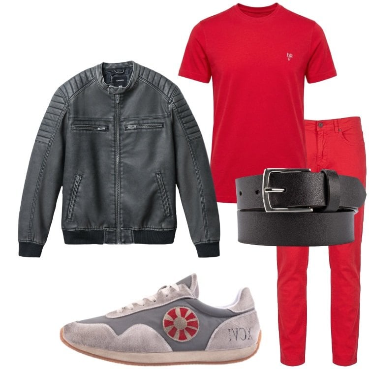 Outfit uomo - Rosso Ferrari. Stile Trendy per Tutti i giorni. Abbinamento con t-shirt, pantaloni, giacche, cinture, sneakers.