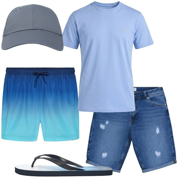 Outfit uomo - I colori del mare. Stile Casual per Mare. Abbinamento con t-shirt, bermuda, cappelli con visiera, costumi, sandali.