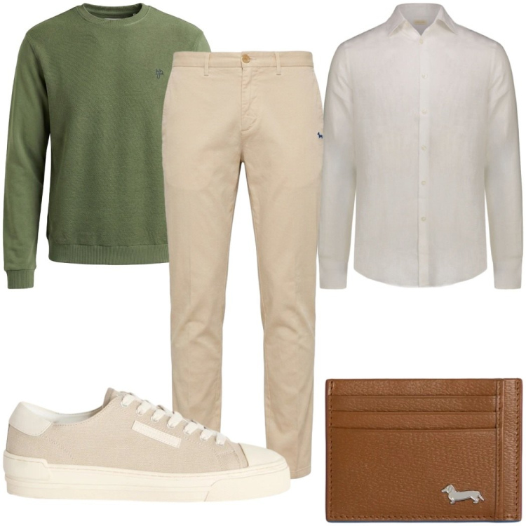 Outfit uomo - Cena in vacanza. Stile Casual per Serata speciale. Abbinamento con sneakers, felpe, pantaloni chino, portafogli, camicie.