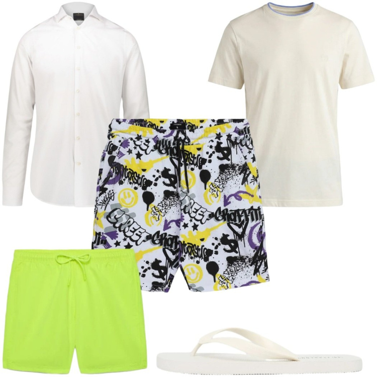 Outfit uomo - T -shirt al mare!. Stile Trendy per Mare. Abbinamento con t-shirt, pantaloni corti, sandali, costumi, camicie.
