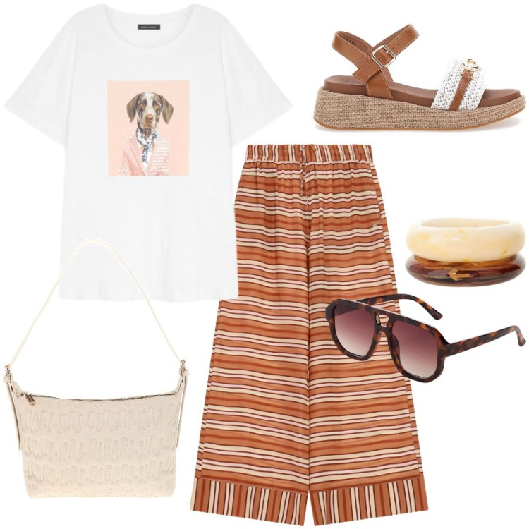 Outfit donna - Passeggiata nel centro storico. Stile Casual per Tutti i giorni. Abbinamento con occhiali da sole, braccialetti, pantaloni a palazzo, t-shirt, sandali, borse a spalla.