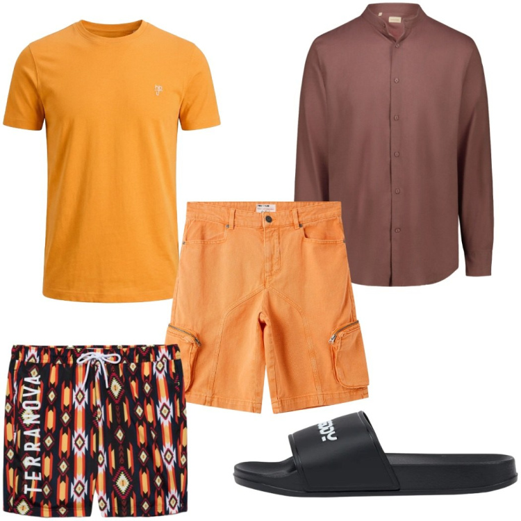 Outfit uomo - Estate color kaki!. Stile Trendy per Mare. Abbinamento con t-shirt, pantaloni corti, costumi, camicie, sandali.