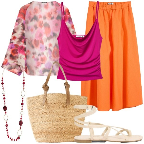 Outfit donna - Estate a colori pieni. Stile Casual chic per Tutti i giorni. Abbinamento con gonne longuette, shopping bag, sandali, canottiere, collane, blazer.
