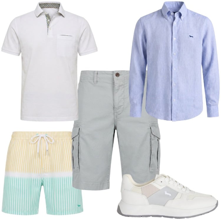 Outfit uomo - Total look #2452369. Stile Trendy per Mare. Abbinamento con bermuda, sneakers, polo, camicie, costumi.