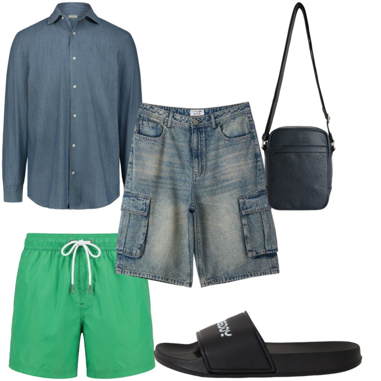 Outfit uomo - Total look #2452370. Stile Casual per Mare. Abbinamento con borse sportive, costumi, pantaloni corti, camicie, sandali.