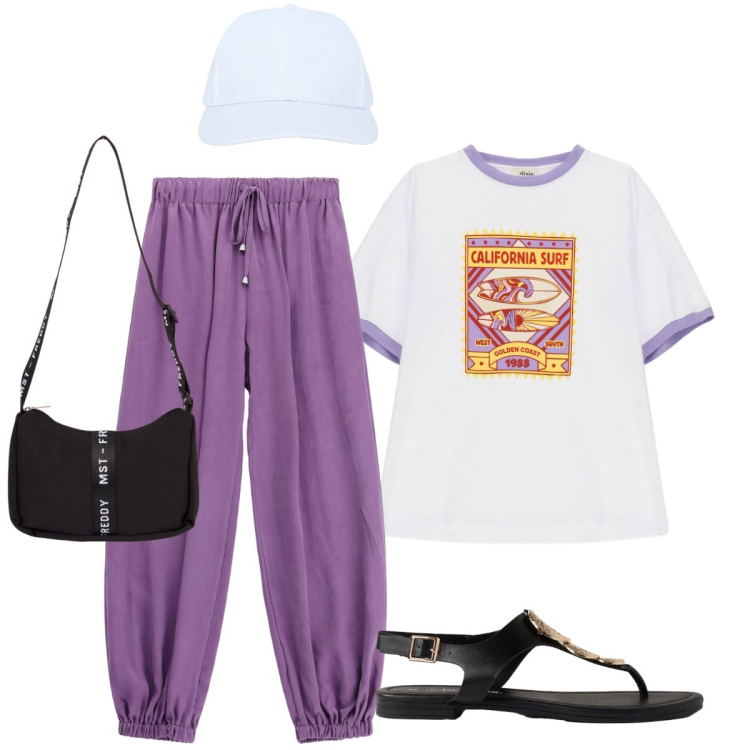 Outfit donna - Oggi casual chic. Stile Minimal per Tutti i giorni. Abbinamento con sandali, t-shirt, pantaloni, cappelli con visiera, borse a tracolla.
