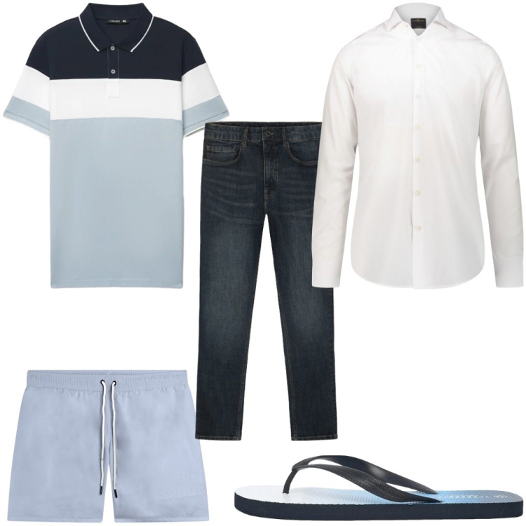Outfit uomo - Total look #2452372. Stile Trendy per Mare. Abbinamento con polo, sandali, camicie, jeans, costumi.