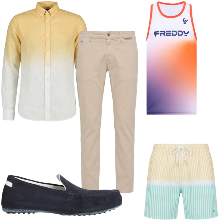 Outfit uomo - Total look #2452373. Stile Trendy per Mare. Abbinamento con scarpe stringate, pantaloni, camicie, costumi, canottiere.