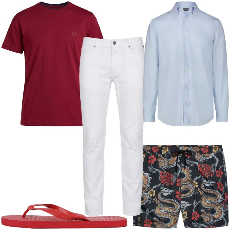 Outfit uomo - Total look #2452374. Stile Trendy per Mare. Abbinamento con pantaloni, t-shirt, sandali, costumi, camicie.