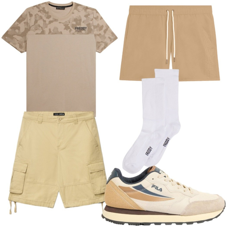 Outfit uomo - Total look #2452375. Stile Trendy per Mare. Abbinamento con sneakers, shorts, t-shirt, calzini, costumi.
