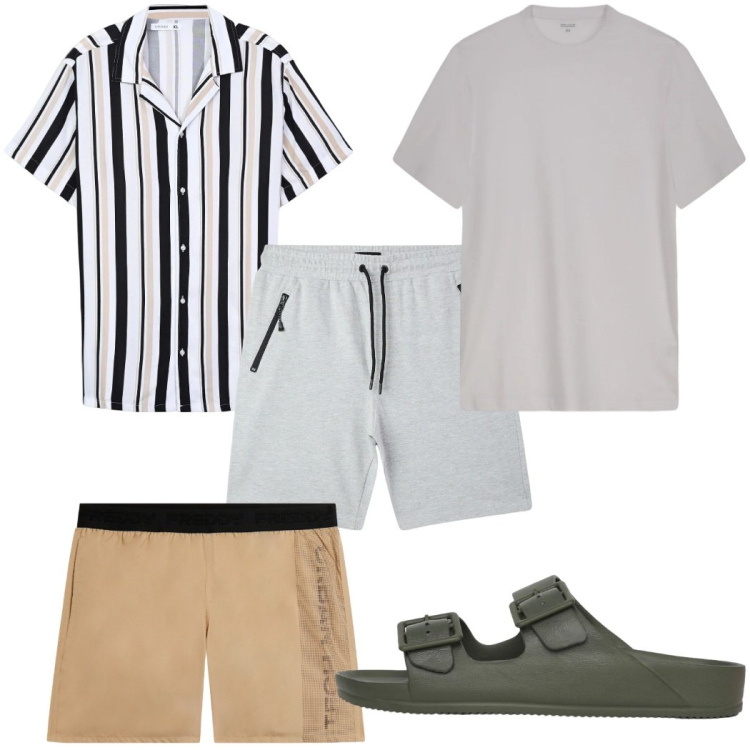 Outfit uomo - Total look #2452376. Stile Trendy per Mare. Abbinamento con bermuda, camicie a manica corta, sandali, t-shirt, costumi.