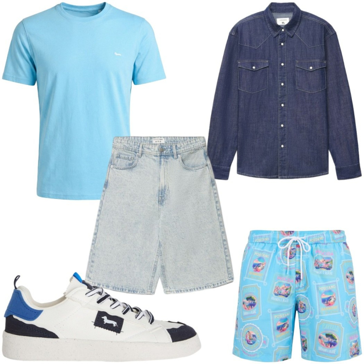 Outfit uomo - Total look #2452377. Stile Trendy per Mare. Abbinamento con sneakers, t-shirt, costumi, shorts, camicie.