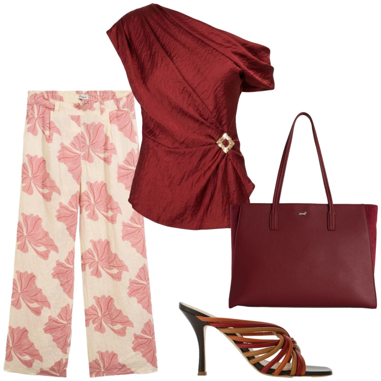 Outfit donna - Total look #2452378. Stile Bon Ton per Serata fuori. Abbinamento con pantaloni, shopping bag, sandali col tacco, top.