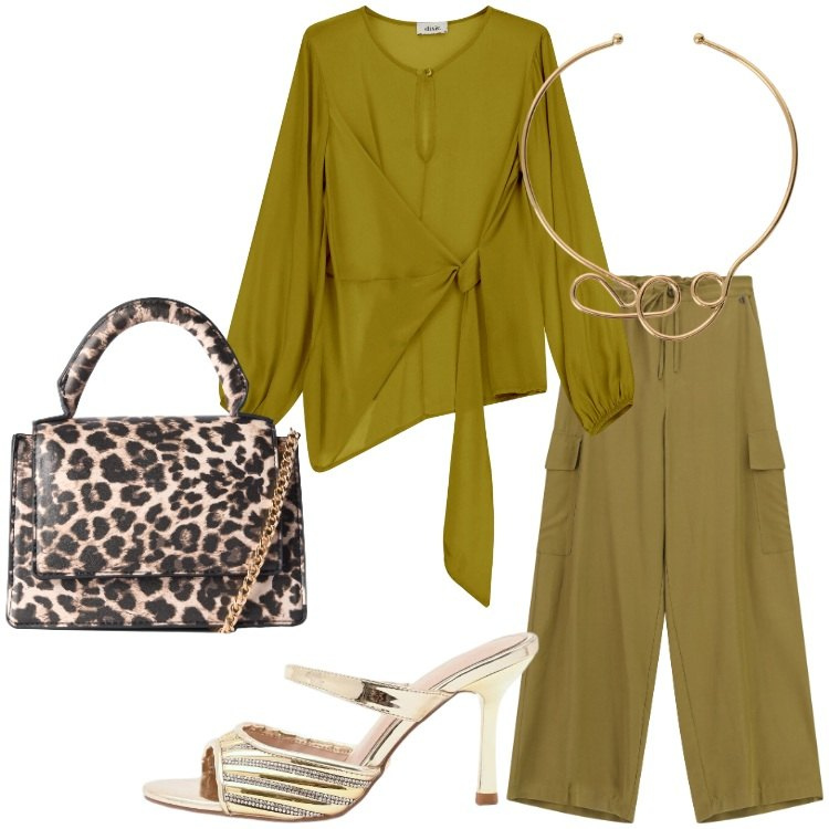 Outfit donna - Cena vista mare. Stile Trendy per Serata fuori. Abbinamento con borse a tracolla, bluse, collane, pantaloni a palazzo, sabot.