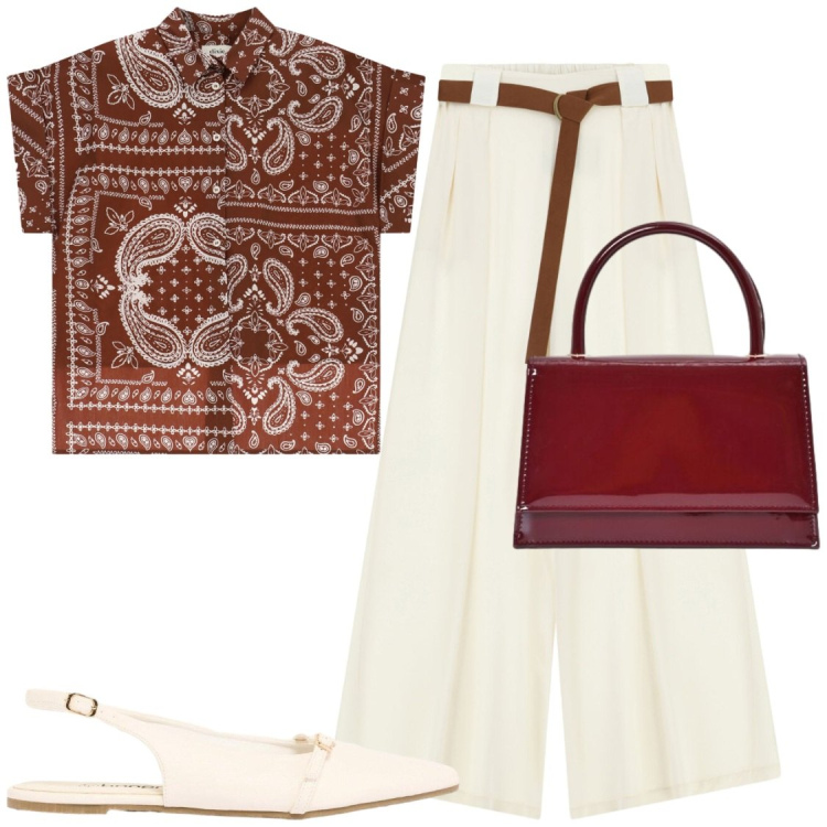 Outfit donna - Total look #2452397. Stile Chic per Ufficio. Abbinamento con ballerine, pantaloni a palazzo, camicie a manica corta, borse a mano.