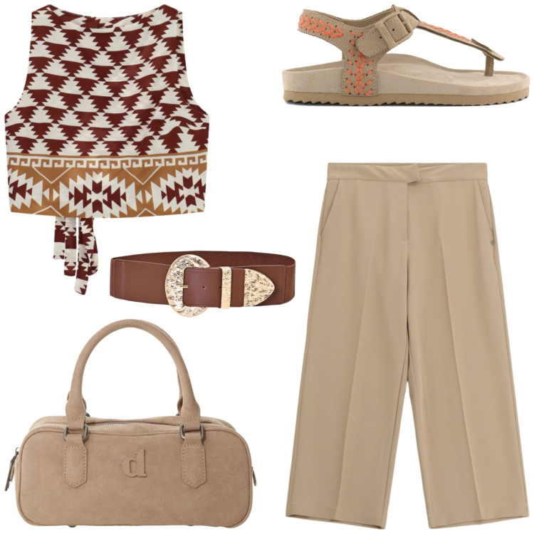 Outfit donna - La blusa etno Chic. Stile Etnico per Tutti i giorni. Abbinamento con pantaloni, top, borse a mano, cinture, infradito.