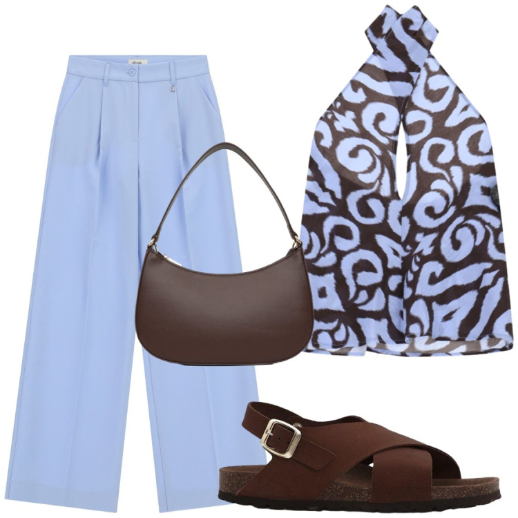 Outfit donna - Total look #2452423. Stile Chic per Serata fuori. Abbinamento con sandali in pelle, top, pantaloni a palazzo, borse a tracolla.