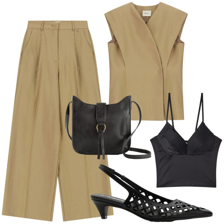Outfit donna - Total look #2452426. Stile Chic per Serata fuori. Abbinamento con borse a tracolla, décolleté, gilet, pantaloni a palazzo, canottiere.