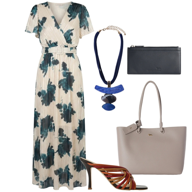 Outfit donna - Total look #2452428. Stile Chic per Tutti i giorni. Abbinamento con portafogli, shopping bag, sandali col tacco, ciondoli, vestiti lunghi.