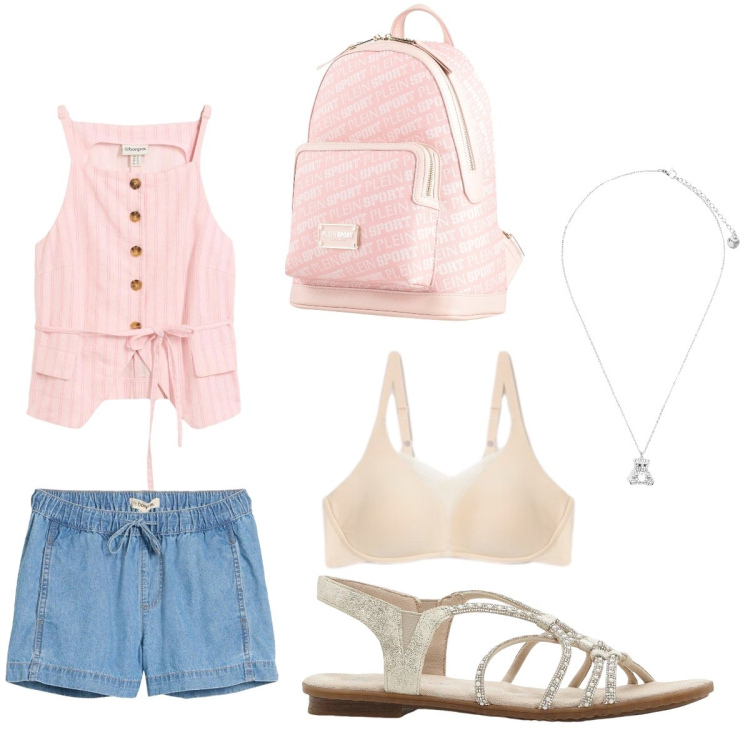 Outfit donna - Uscita con le amiche sul lungomare. Stile Casual chic per Scuola/Università. Abbinamento con zaini, sandali, shorts, canottiere, reggiseni, ciondoli.