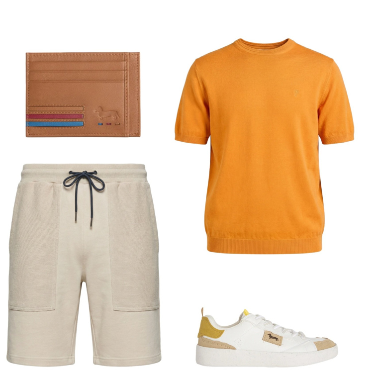 Outfit uomo - Solare. Stile Trendy per Tutti i giorni. Abbinamento con sneakers, t-shirt, pantaloni corti, portafogli.