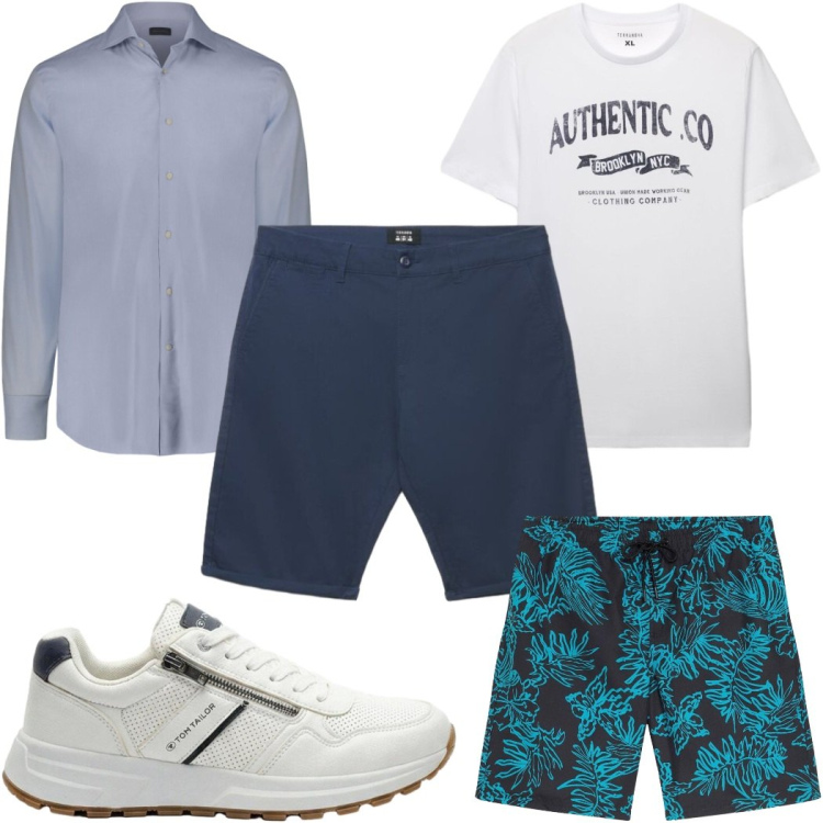 Outfit uomo - Total look #2452438. Stile Trendy per Mare. Abbinamento con sneakers, costumi, pantaloni corti, t-shirt, camicie.