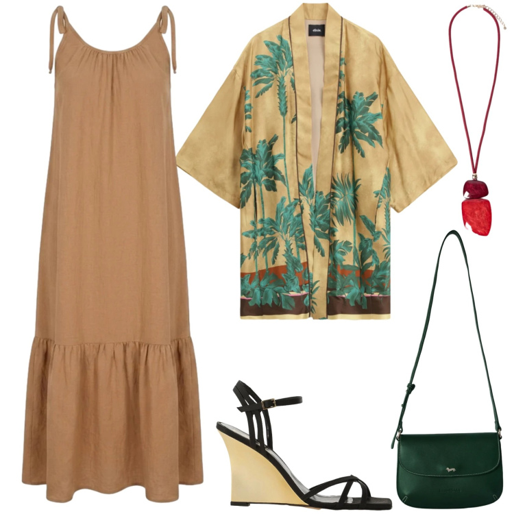 Outfit donna - Caftani e kimono - Focus Donna Curvy. Stile Boho per Tutti i giorni. Abbinamento con borse a tracolla, sandali col tacco, kimono, ciondoli, vestiti.
