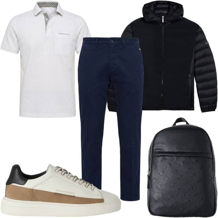 Outfit uomo - Total look #2452442. Stile Casual per Ufficio. Abbinamento con pantaloni chino, sneakers, borse sportive, polo, piumini.
