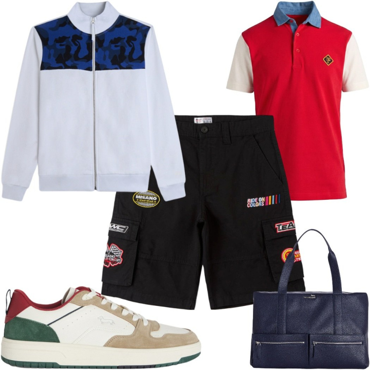 Outfit uomo - Total look #2452444. Stile Trendy per Tutti i giorni. Abbinamento con sneakers, borse sportive, polo, bermuda, felpe.
