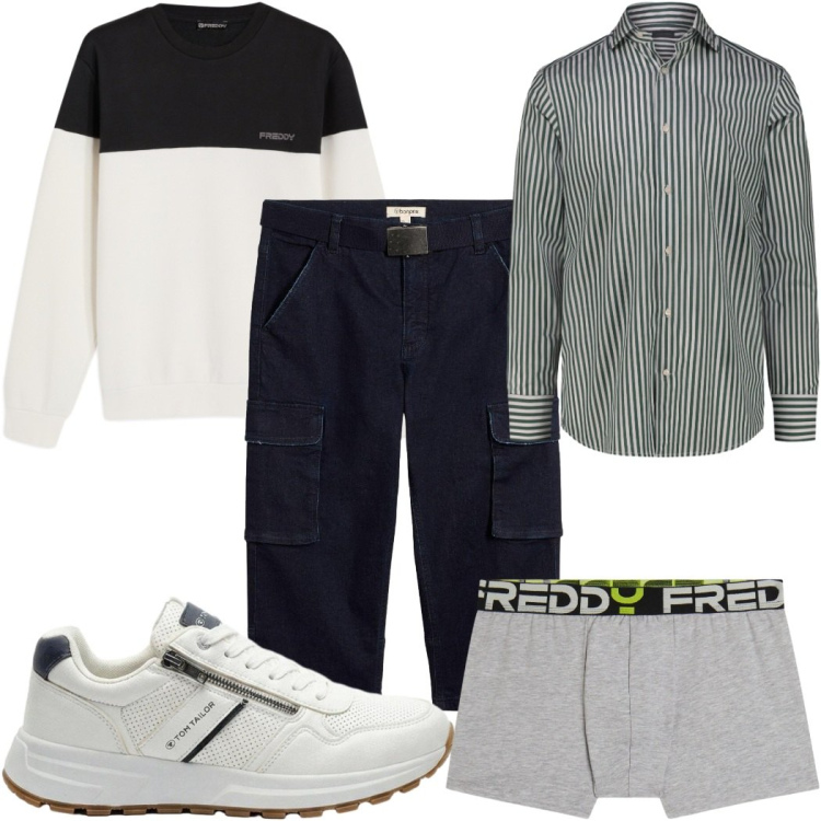 Outfit uomo - Total look #2452447. Stile Urban per Tutti i giorni. Abbinamento con sneakers, jeans, camicie, felpe, boxer.