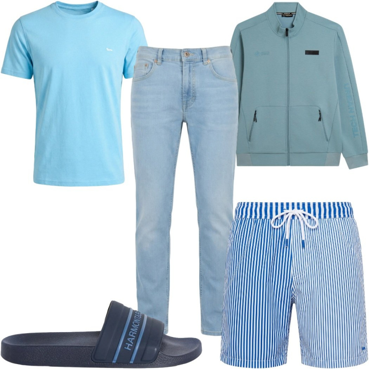 Outfit uomo - Total look #2452450. Stile Trendy per Mare. Abbinamento con sandali, t-shirt, jeans, costumi, felpe.