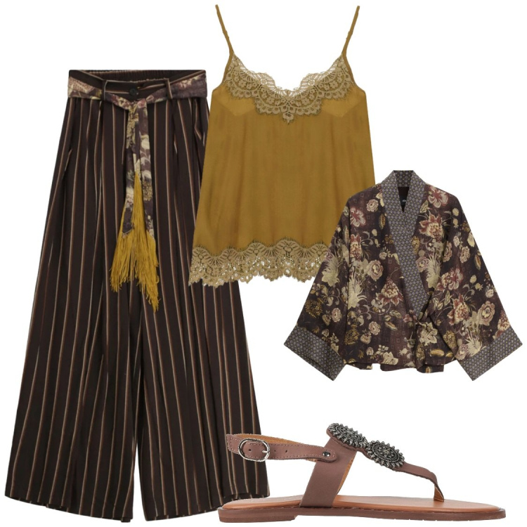 Outfit donna - #Dixie. Stile Boho per Serata fuori. Abbinamento con infradito, kimono, top, pantaloni a palazzo.