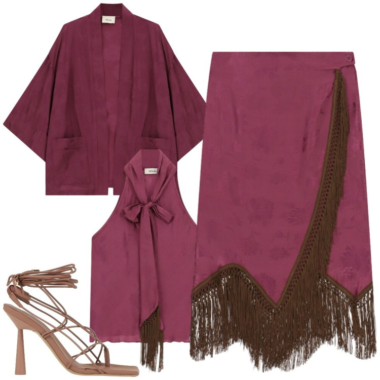 Outfit donna - Glamour. Stile Chic per Serata fuori. Abbinamento con ciabatte, gonne longuette, top, kimono.