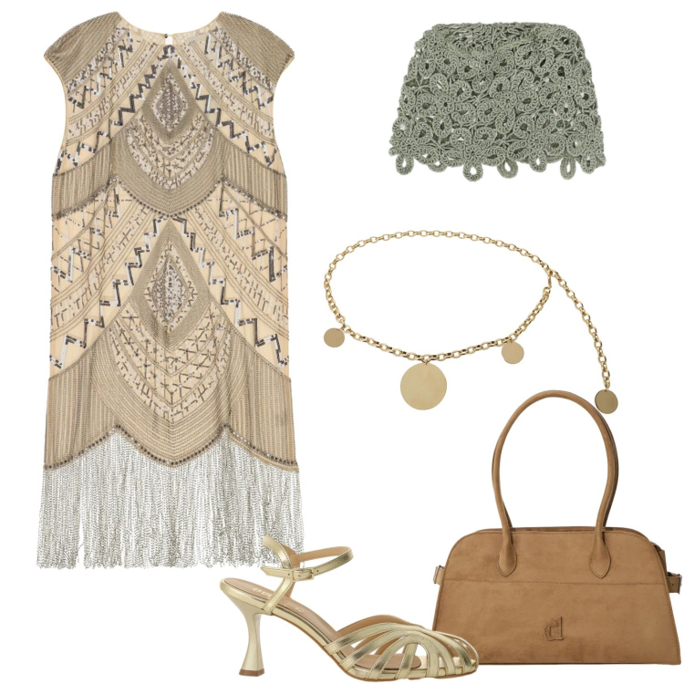 Outfit donna - Total look #2452454. Stile Vintage retrò per Serata fuori. Abbinamento con accessori per capelli, cinture, borse a spalla, sandali col tacco, vestiti midi/longuette.