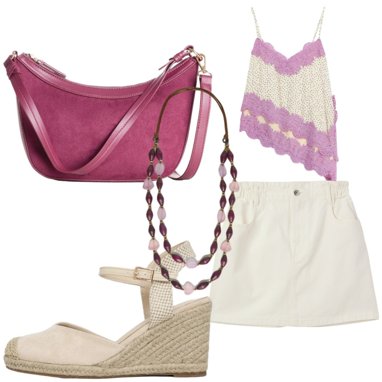 Outfit donna - Pranzo di Ferragosto. Stile Preppy per Tutti i giorni. Abbinamento con borse a tracolla, minigonne, zeppe, top, collane.