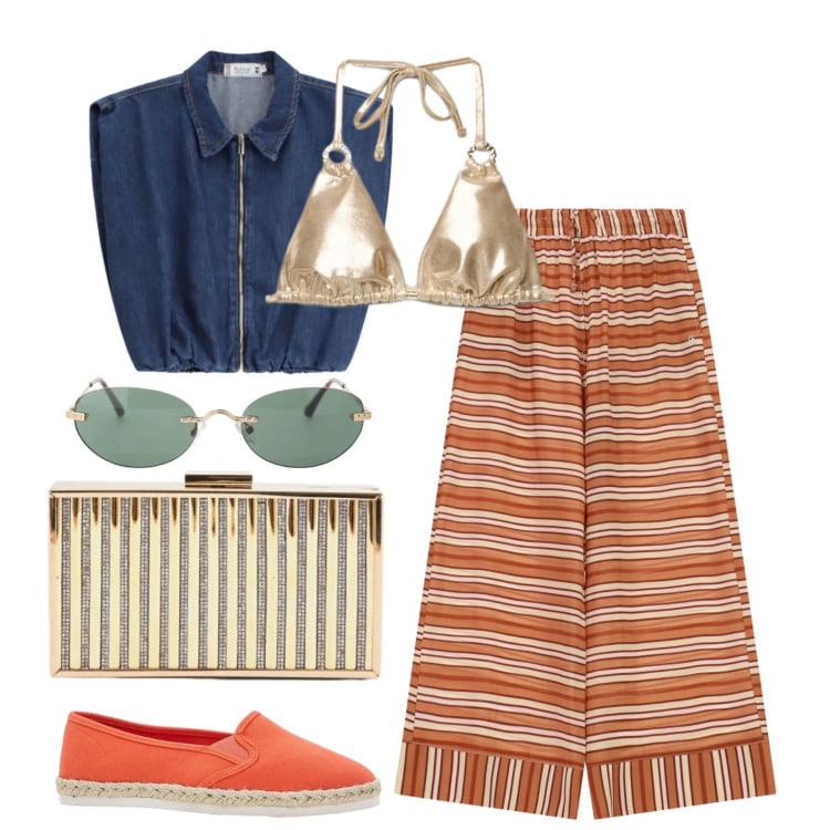 Outfit donna - Agosto. Stile Trendy per Tutti i giorni. Abbinamento con espadrillas, bikini, pantaloni a palazzo, gilet, occhiali da sole, clutch.