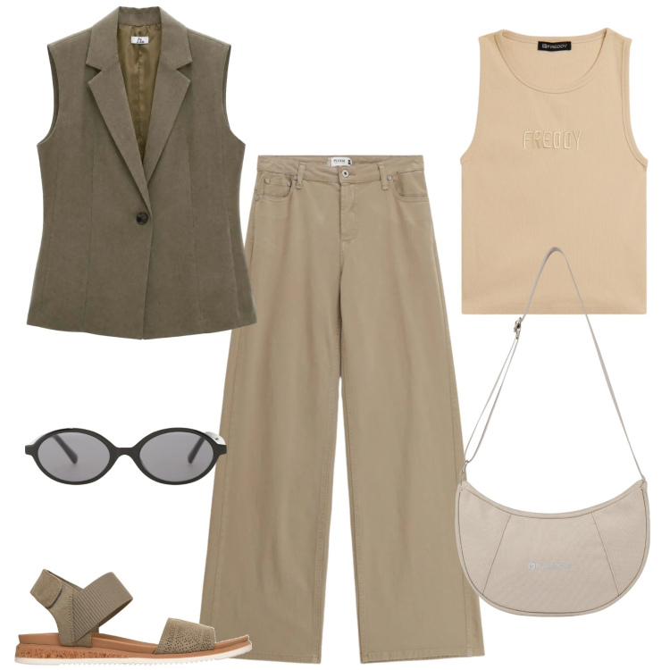 Outfit donna - Metropolitan Escape. Stile Urban per Tutti i giorni. Abbinamento con gilet, pantaloni, occhiali da sole, top, borse a spalla, sandali.
